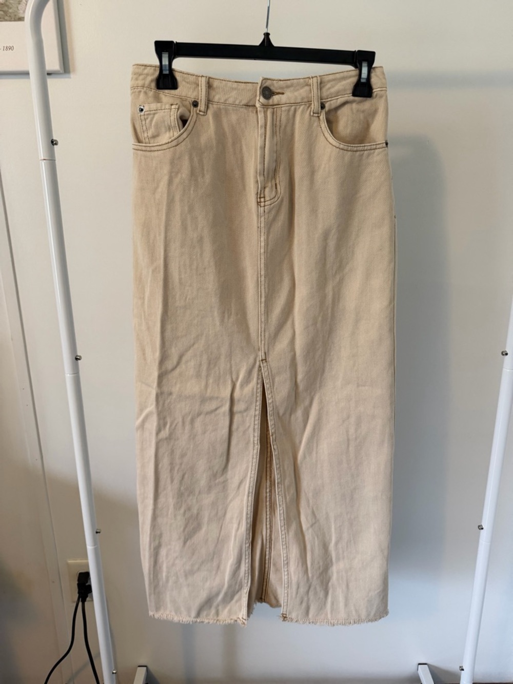 Neutral Cream Denim Maxi Skirt with Front Slit
